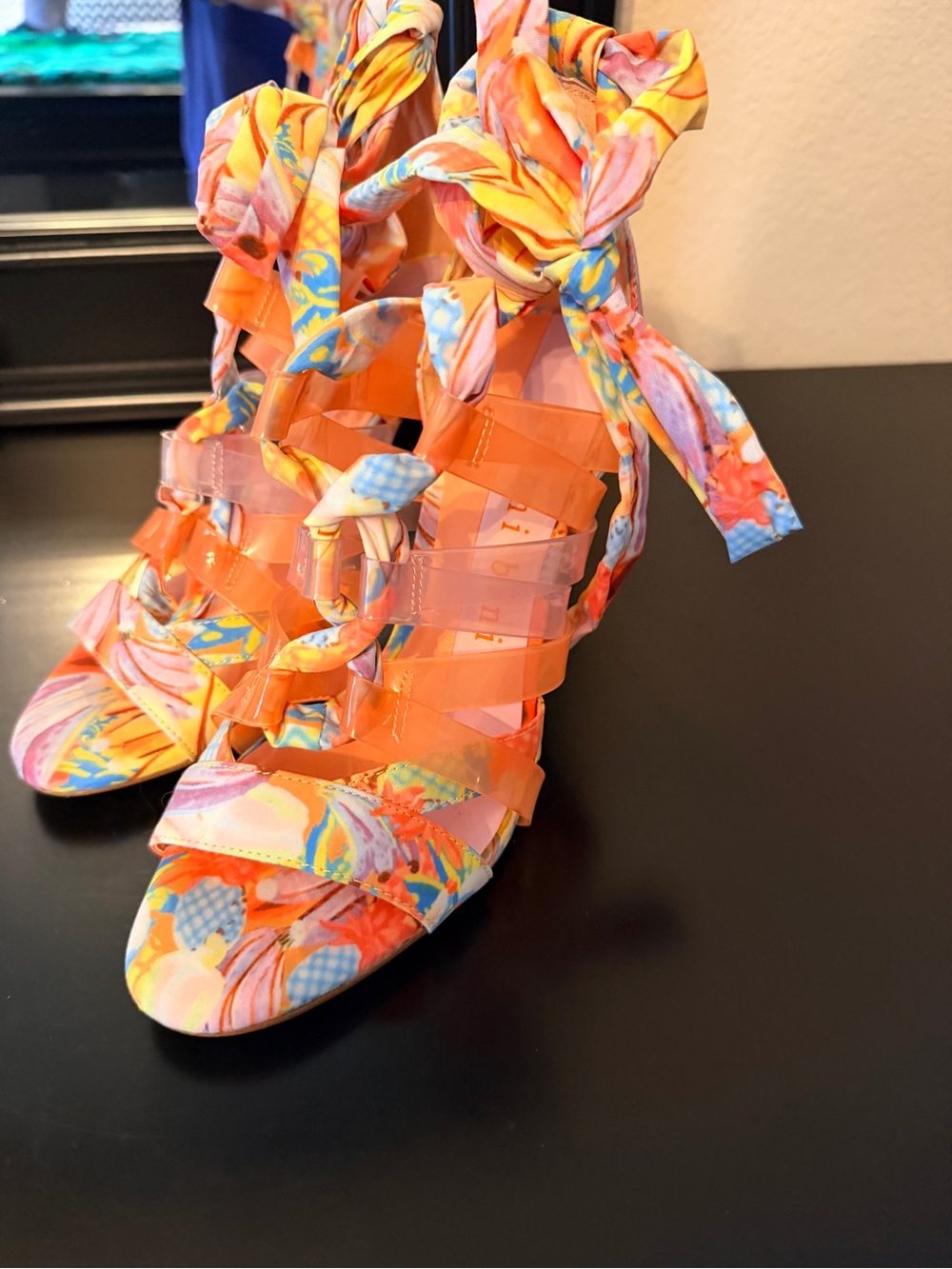 Gianni Bini Orange Multicolor Tie-Wrap Strappy Heels
